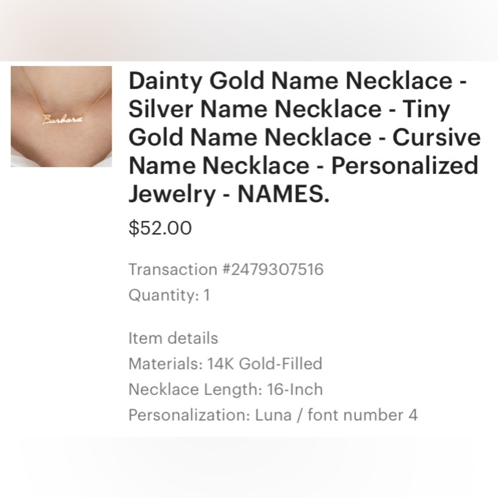 Gold 'Luna' Name Necklace from Etsy.